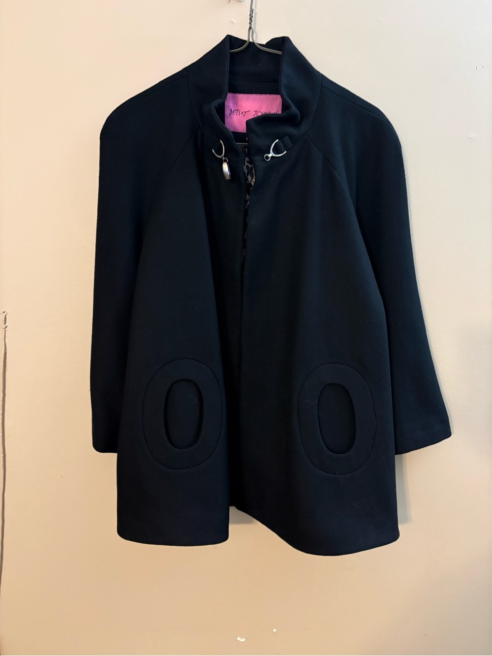 Betsey Johnson Black Short Pea Coat with Round Pocket Appliqués
